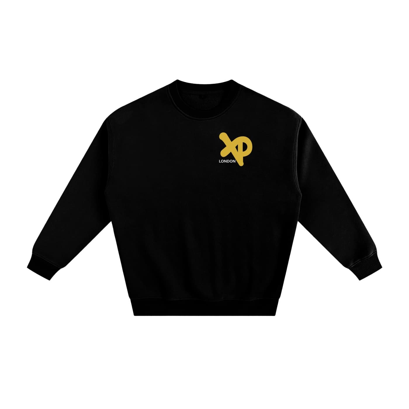 Black XP London sweatshirt with yellow logo, front view.