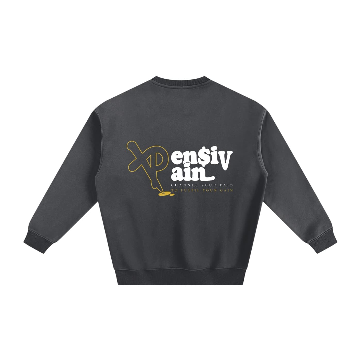 Back view of dark grey XP London sweatshirt with XPensiv Pain graphic.
