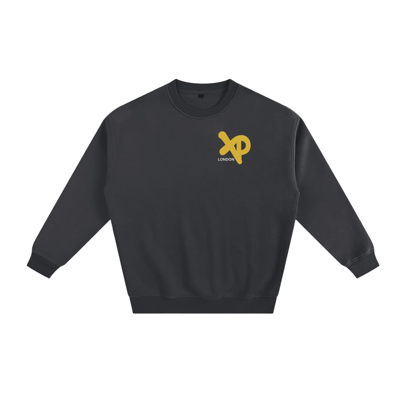 Dark grey XP London sweatshirt with yellow logo.
