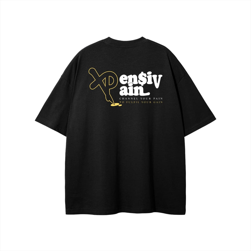 Back view of black XP London ‘XPensiv Pain’ oversized t-shirt featuring yellow and white logo with slogan ‘Channel your pain to fulfil your gain,’ minimalist streetwear design.
