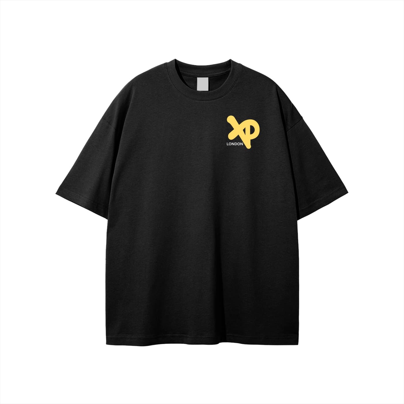 Black XP London oversized t-shirt with yellow XP logo on chest, minimalist streetwear design on plain background.