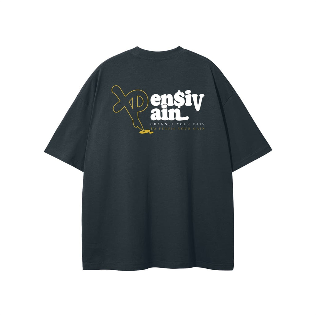 Back view of dark grey XP London ‘XPensiv Pain’ oversized t-shirt featuring yellow and white logo with slogan ‘Channel your pain to fulfil your gain,’ minimalist streetwear design