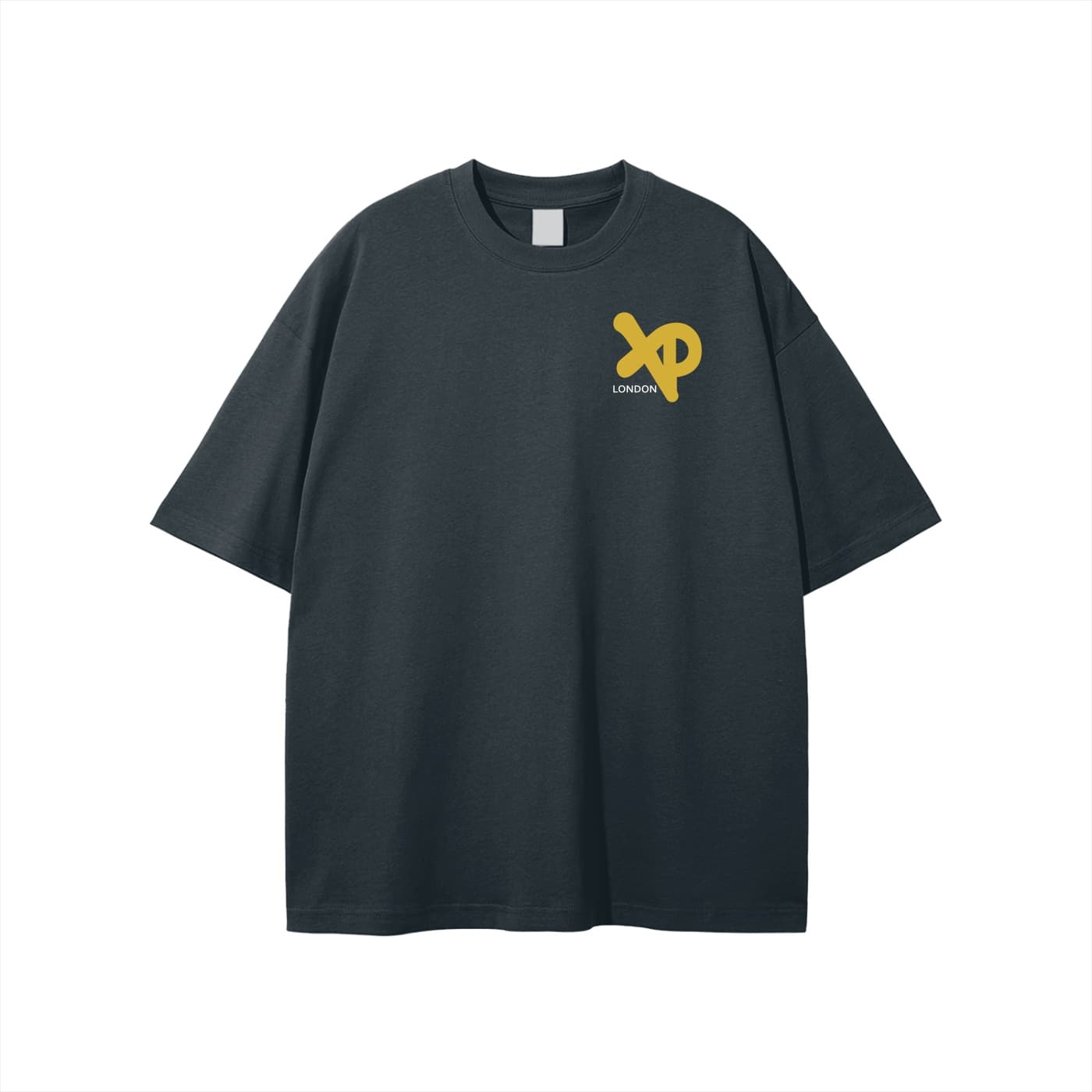 Dark grey XP London oversized t-shirt with yellow XP logo on chest, minimalist streetwear design on plain background.