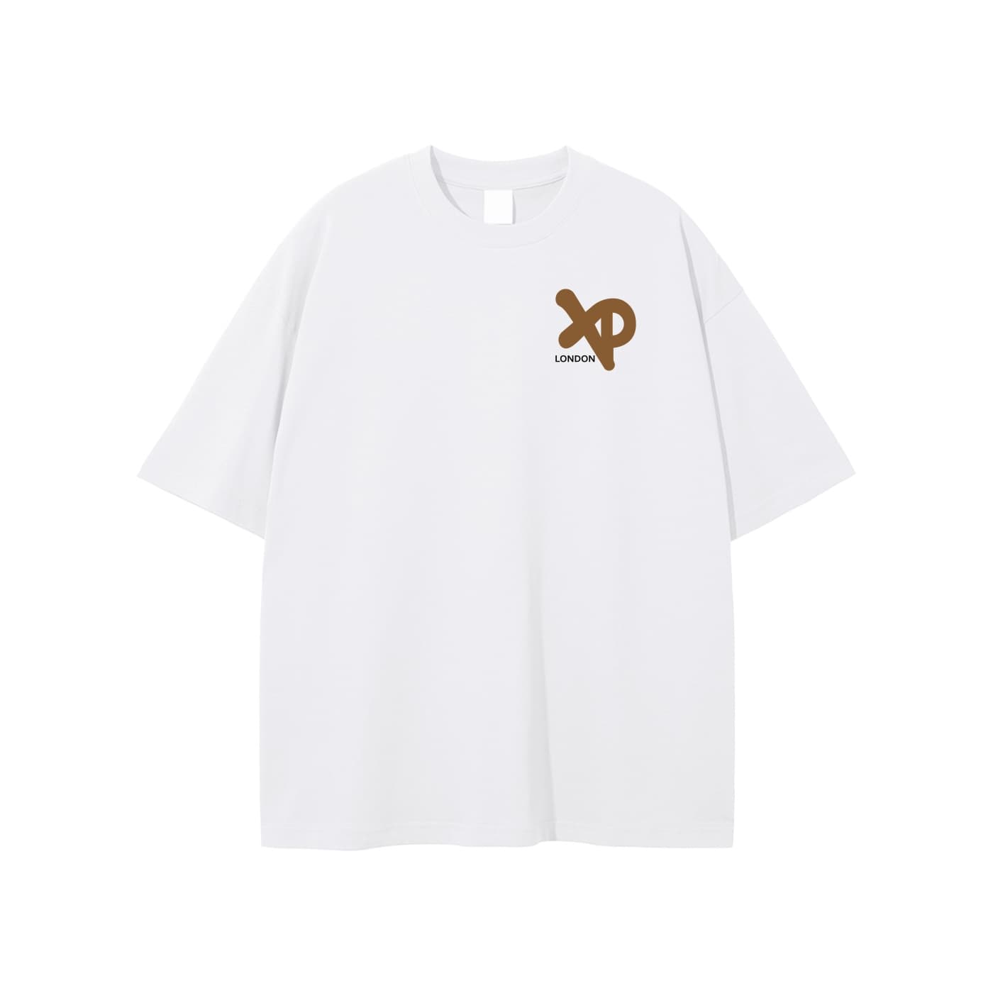 White XP London oversized t-shirt with brown XP logo on the chest, minimalist streetwear design on plain background.