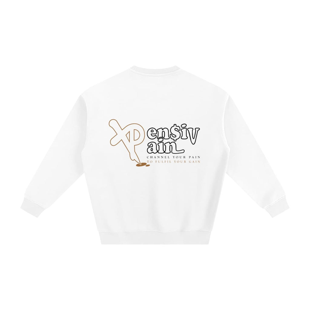 Back view of white XP London sweatshirt with XPensiv Pain graphic print.