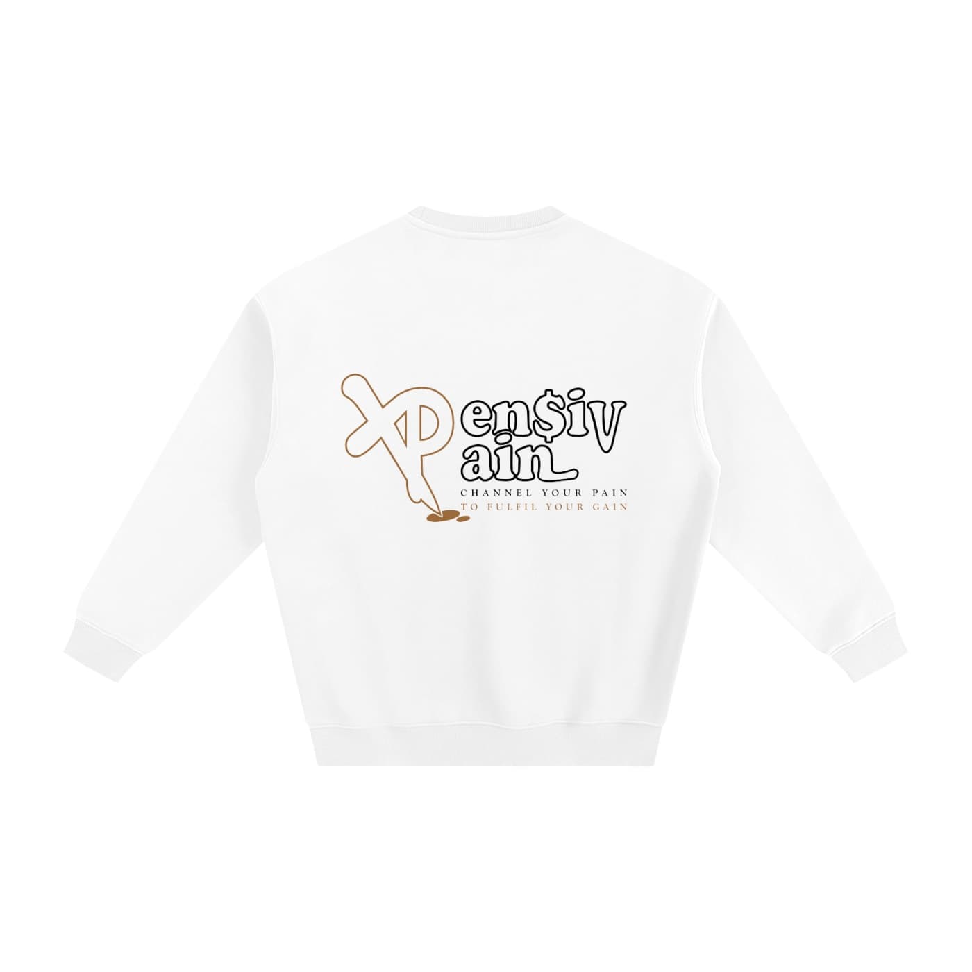 Back view of white XP London sweatshirt with XPensiv Pain graphic print.