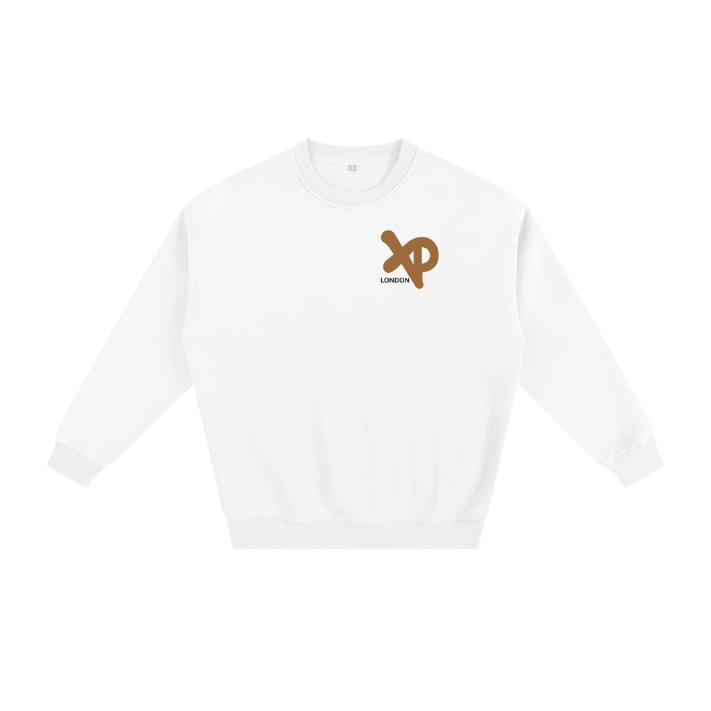 White XP London sweatshirt with brown XP logo on chest.