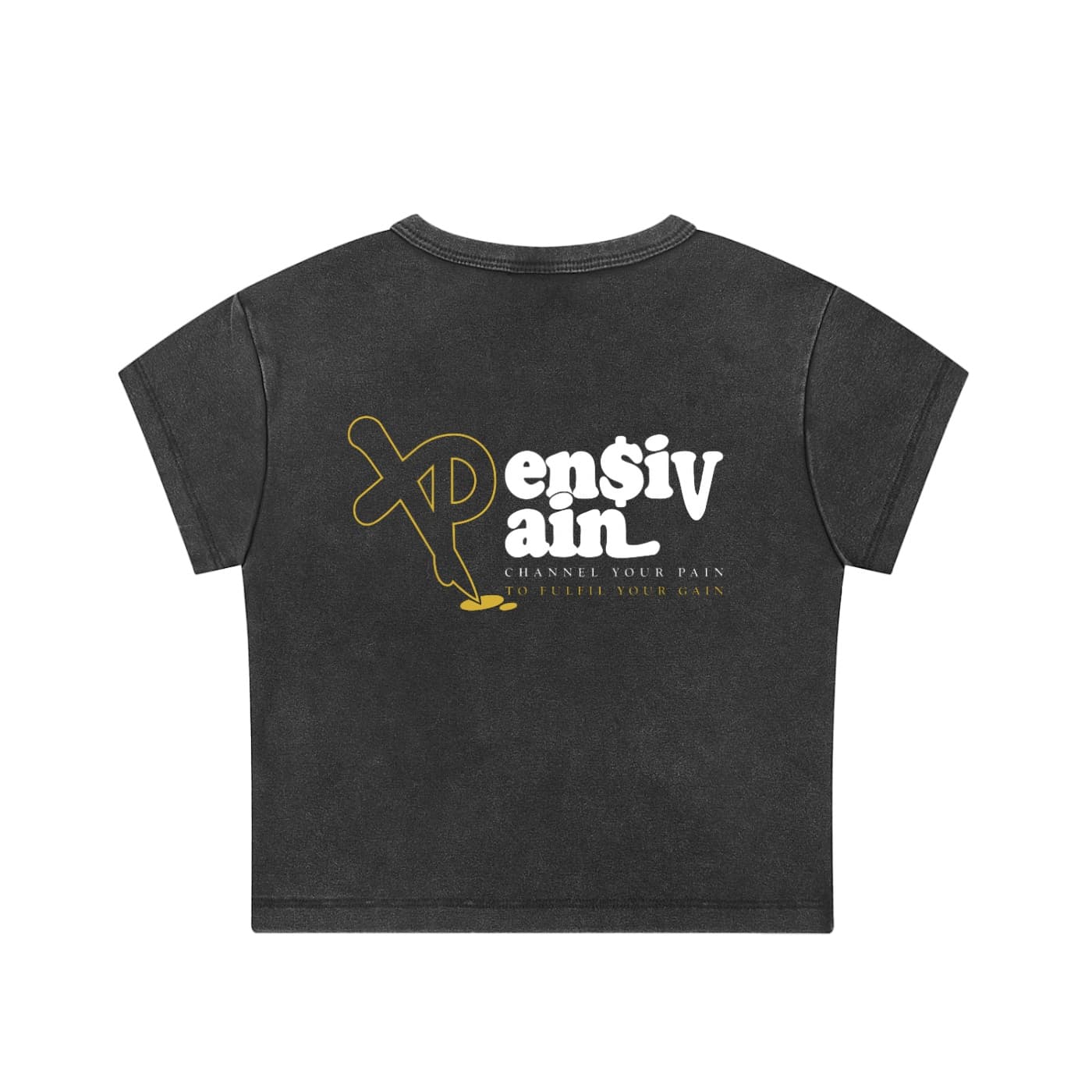 Back view of charcoal-black XP London cropped t-shirt featuring yellow and white ‘XPensiv Pain’ graphic with slogan ‘Channel your pain to fulfil your gain’ minimalist streetwear design.