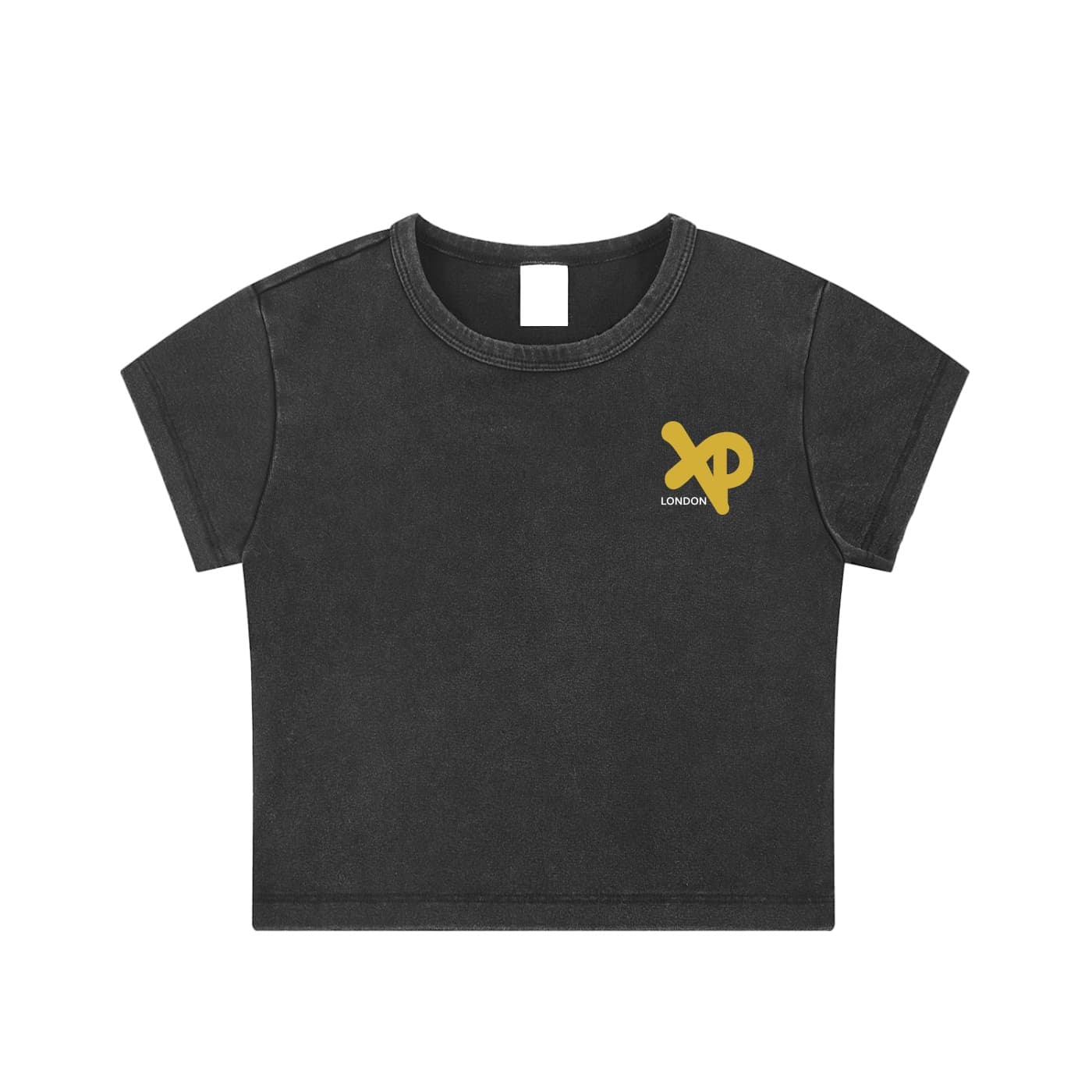 Charcoal-black XP London cropped t-shirt with yellow XP logo on chest, minimalist streetwear design on plain background.